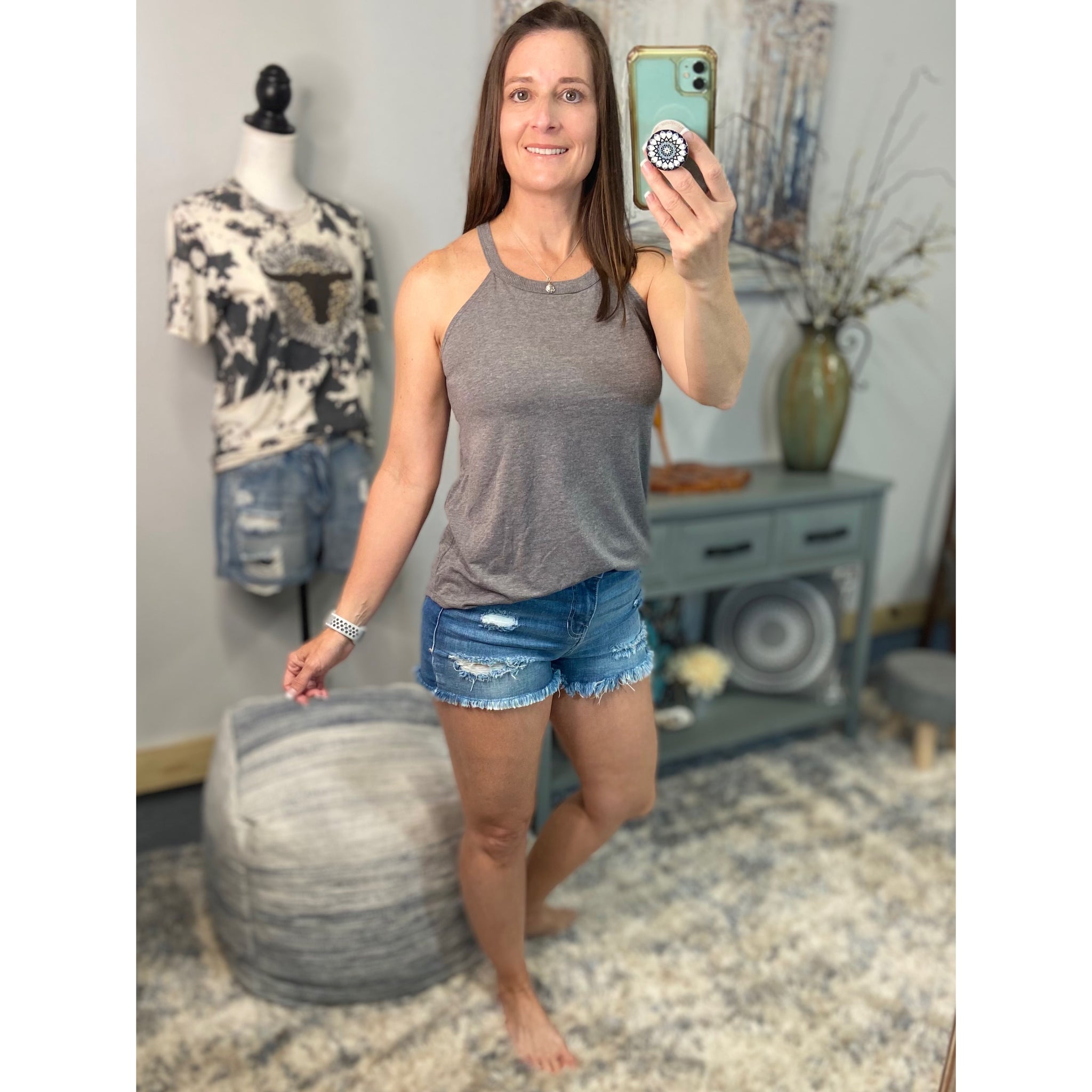 Tri Rocker Racerback Scoop Neck Floaty Trendy Summer Tank Top Light Gray