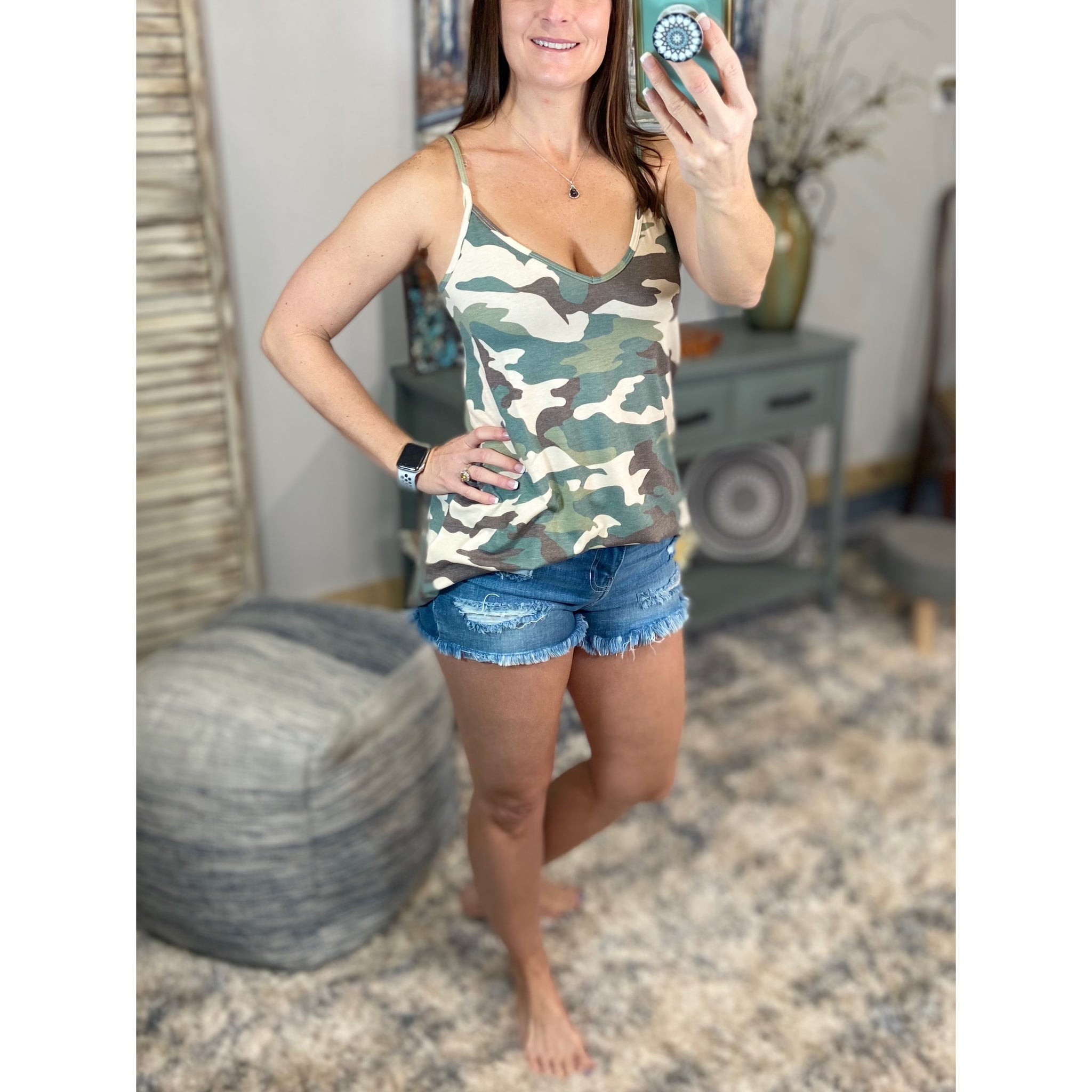 “Heat Wave” Reversible Camouflage Low Scoop Or V-Neck Tank Shirt Top Light Green S/M/L/XL