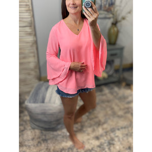 "Full of Surprises” V-Neck Flared Bell Layered Sleeve Dressy Top Neon Pink S/M/L/XL