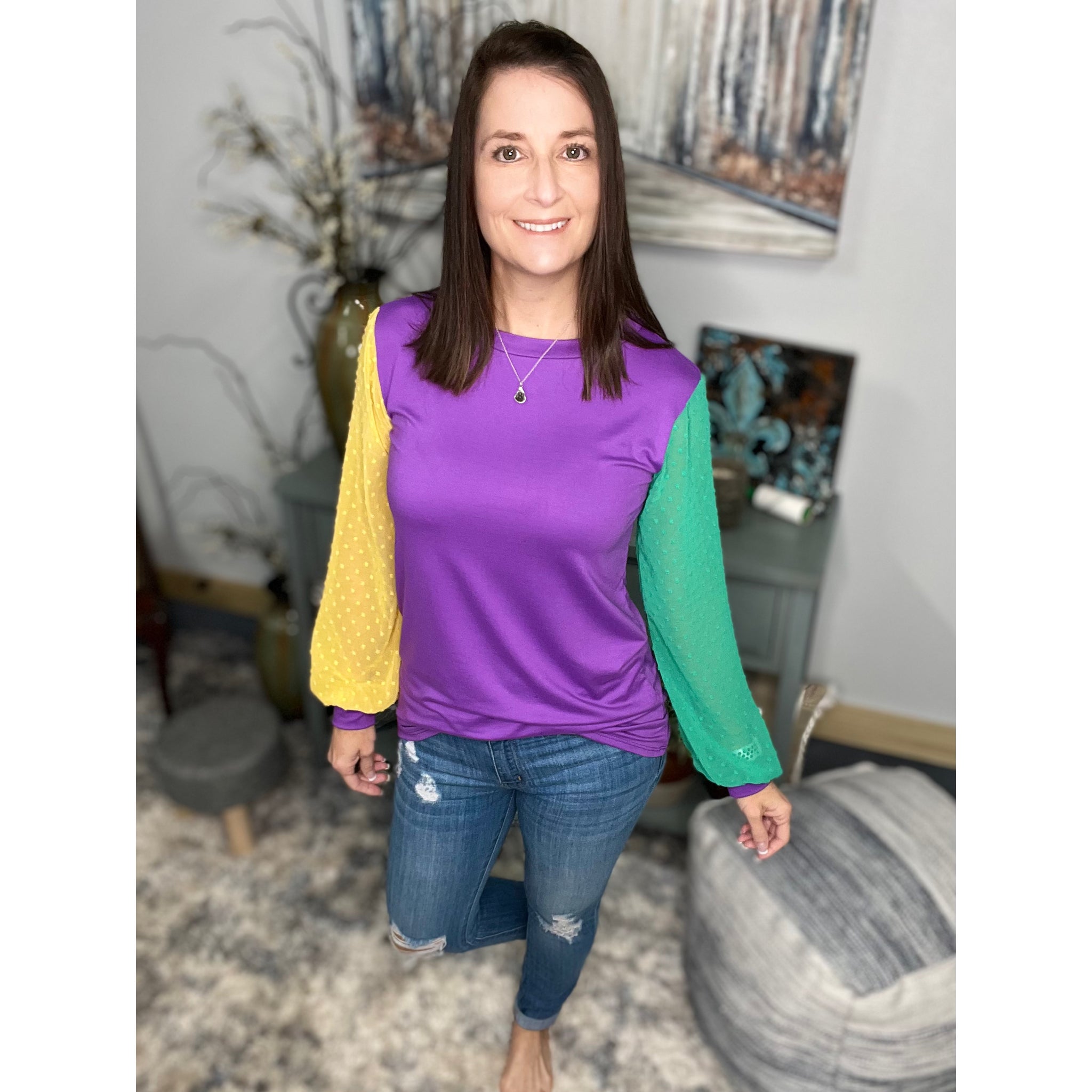 "They All Asked For You" Mardi Gras Color Block Swiss Dot Balloon Sleeves Round Neck Shirt Purple Green & Gold