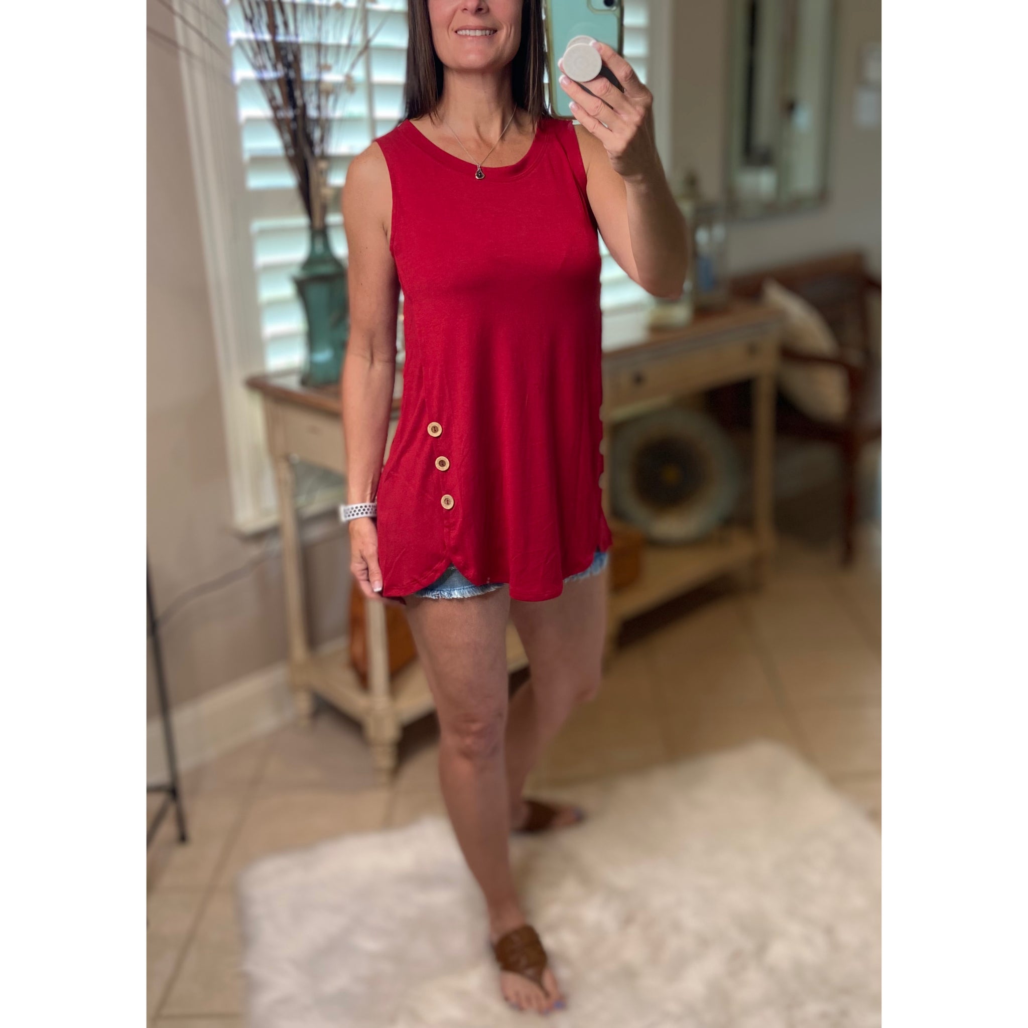 "Adore You" Round Neck Floaty Tunic Sleeveless Tank Wood Button Detail Dk Red