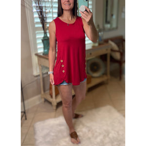 "Adore You" Round Neck Floaty Tunic Sleeveless Tank Wood Button Detail Dk Red