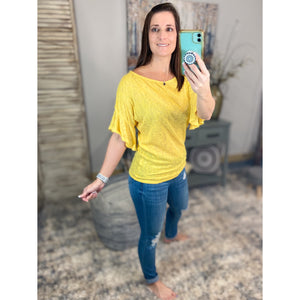 "Charmed Life" Boat Neck Short Ruffle Bell Dolman Sleeve Top Yellow