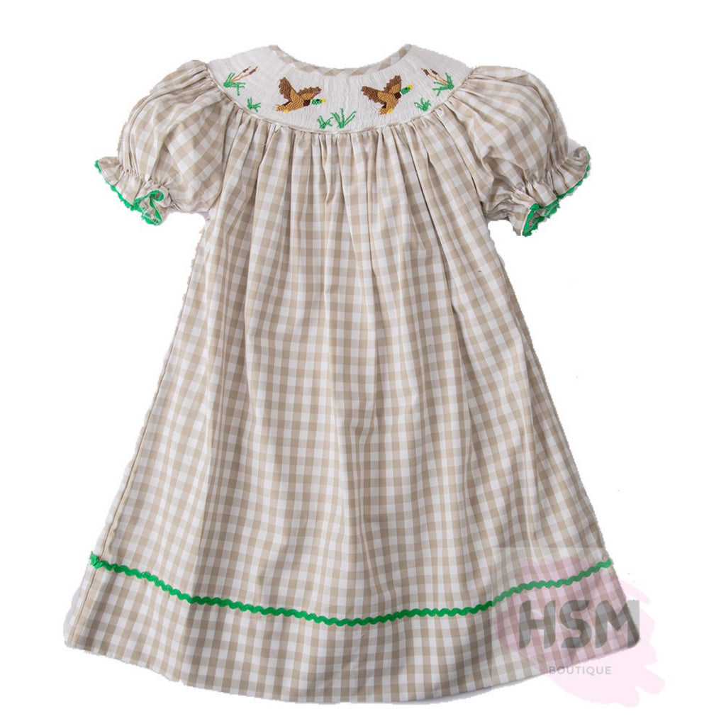 "Wild Duck" Smocked Mallard Duck Bishop Plaid Embroidery Tan Dress