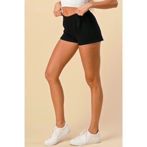Sporty Shorts Thin Ribbed Mid Rise Pull On Elastic Waist Casual Cotton Black