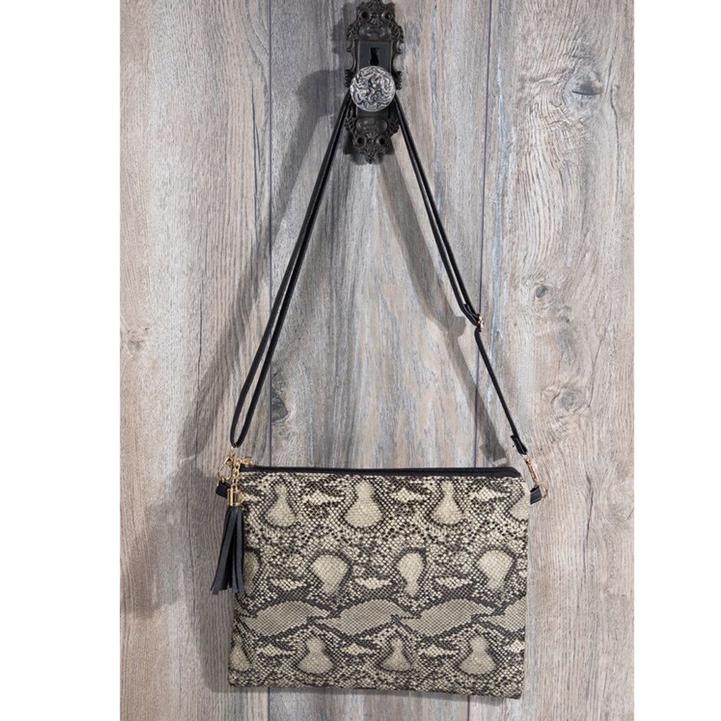 Snake Print Tassel Cross Body Clutch Wristlet Adjustable Strap Black Cream