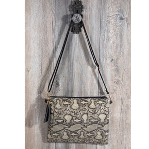 Snake Print Tassel Cross Body Clutch Wristlet Adjustable Strap Black Cream
