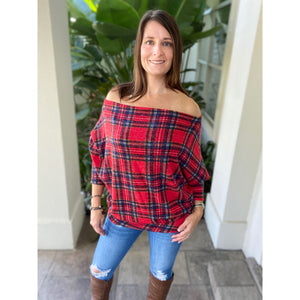 “Kick Up Your Heels” Plaid Off Shoulder Open Neck Dolman Long Sleeve Top Red S/M/L