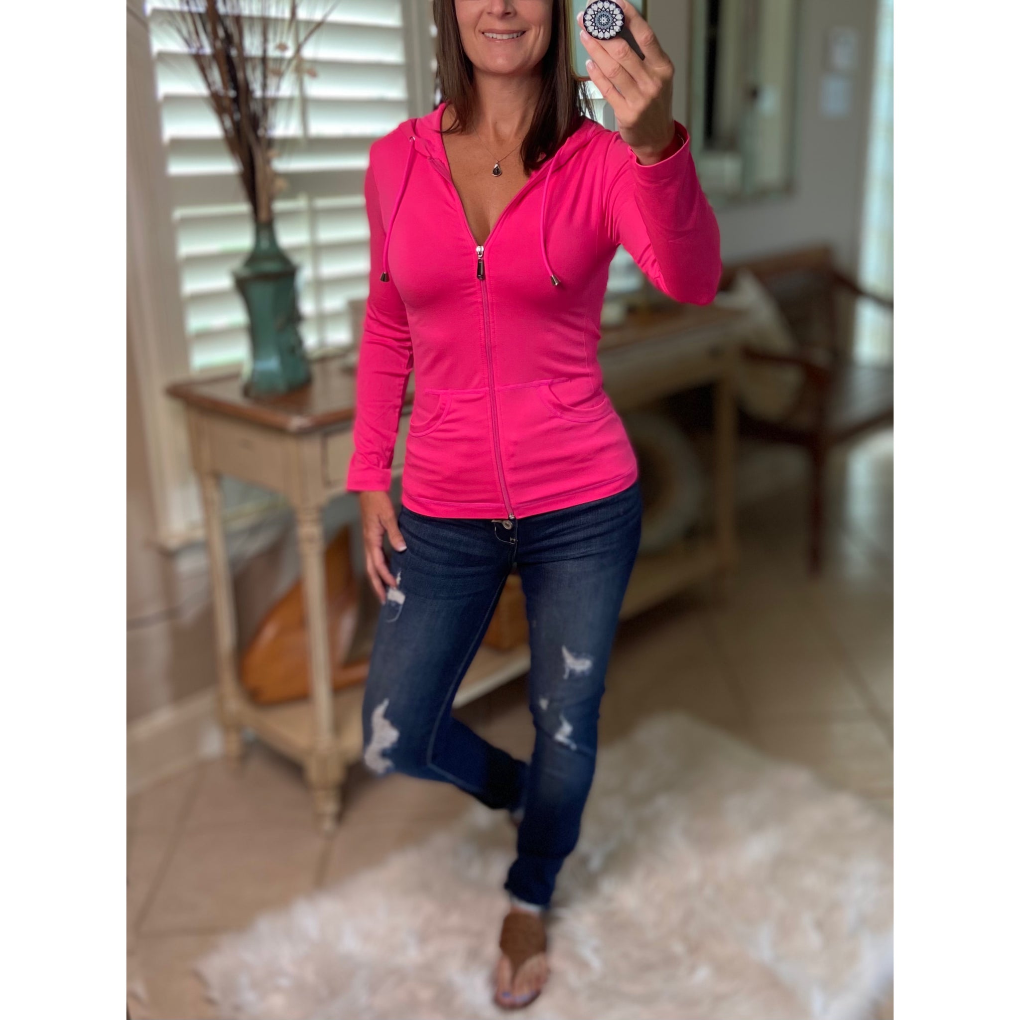 Sexy Sporty Slimming Seamless Zipper Lightweight Hoodie Jacket Pockets Neon Pink OS