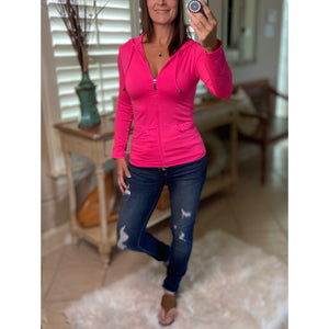 Sexy Sporty Slimming Seamless Zipper Lightweight Hoodie Jacket Pockets Neon Pink OS