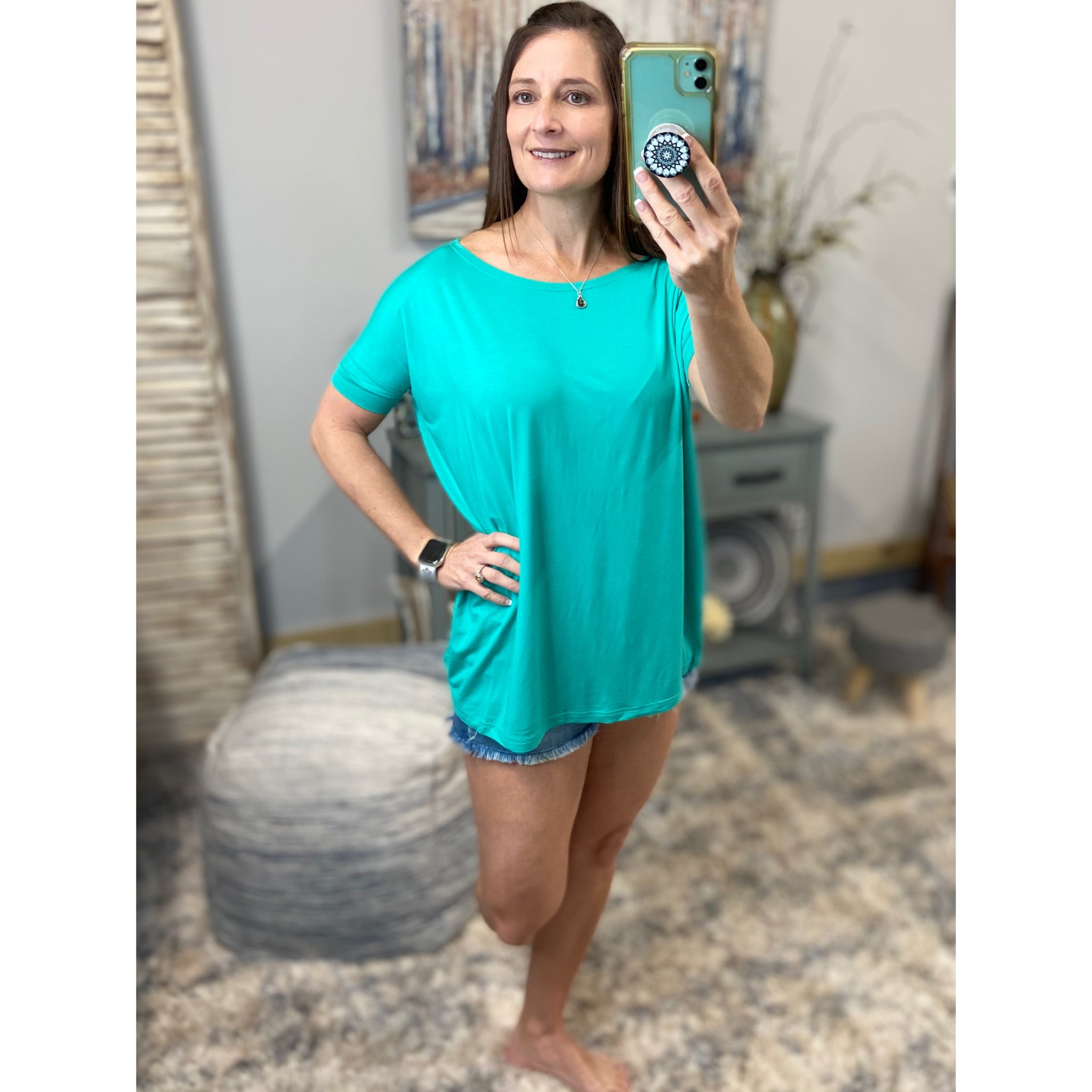 PIKO Dolman Wide Open Boat Neck Dolman Sleeve Tunic Top Shirt Green S/M/L