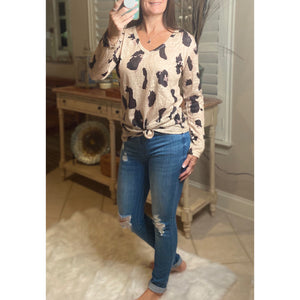 "Wild Child" V-Neck Floaty Animal Print Leopard Long Sleeve Taupe