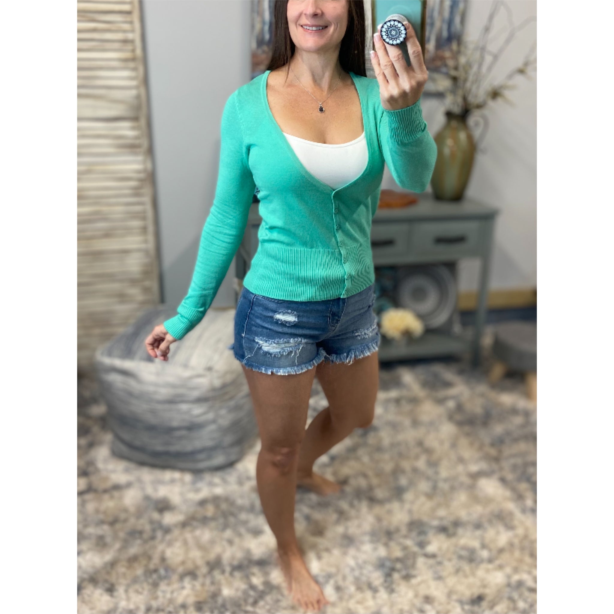 “Keepin’ Me Warm” Preppy Cropped Cleavage Full Button Up Cardigan Long Sleeve Sweater Dark Mint
