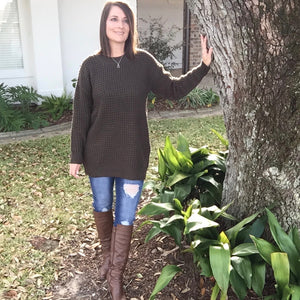 Oversized Waffle Round Neck Tunic Heavy Sweater Long Sleeve Top Olive S/M/L/XL