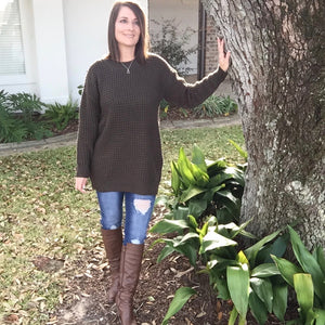 Oversized Chunky Waffle Round Neck Tunic Heavy Sweater Long Sleeve Top Olive