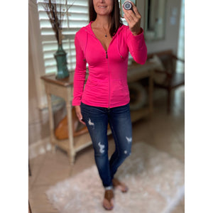 Sexy Sporty Slimming Seamless Zipper Lightweight Hoodie Jacket Pockets Neon Pink OS