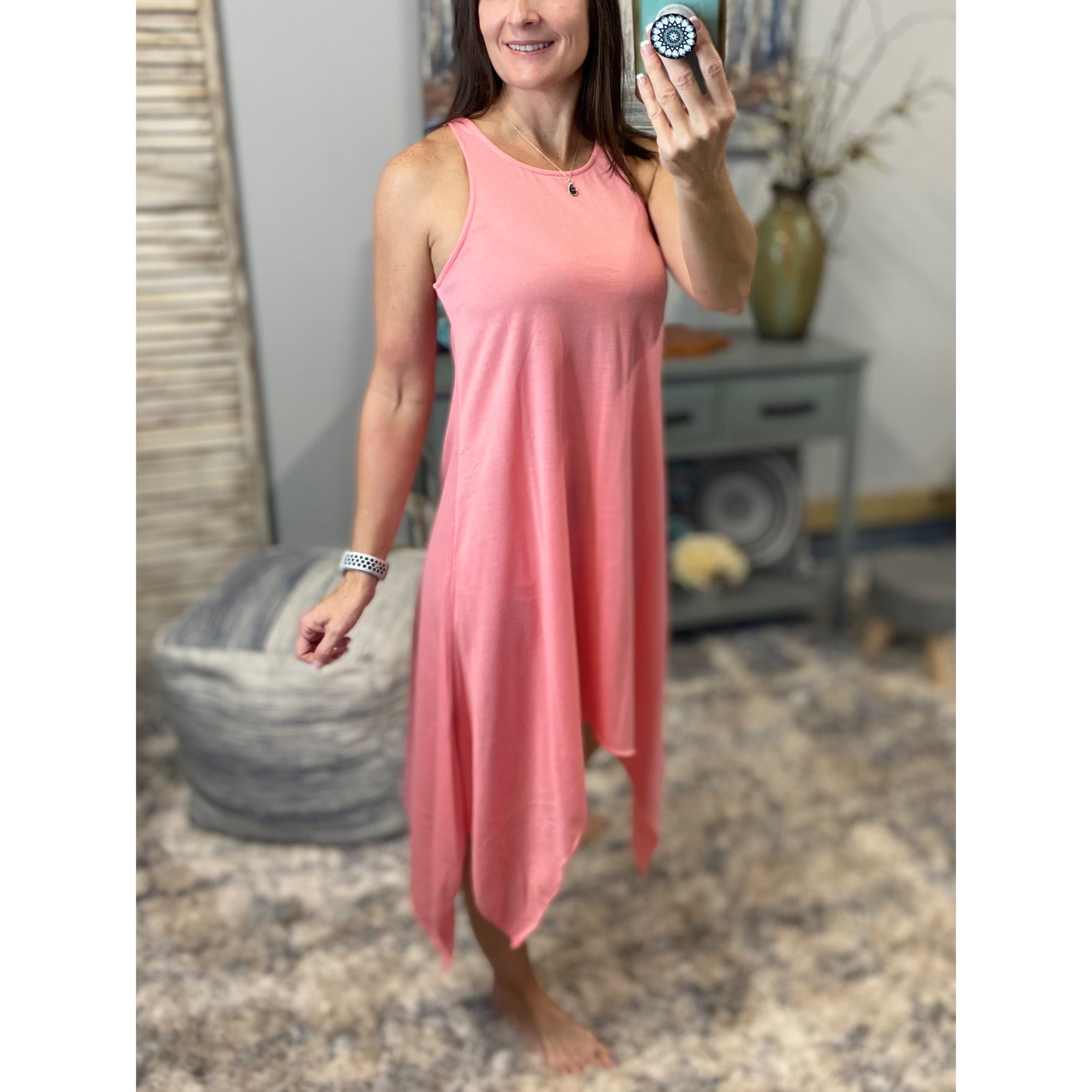 Handkerchief Hem Floaty Terry Summer Tank Sundress Pink S/M/L