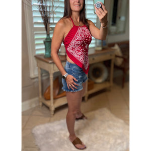 “Biker Babe” Halter String Handkerchief Bandanna Tank Top Red White