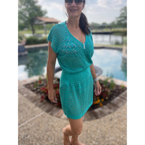 “Ocean Eyes” Crochet Mesh V Neck Mini Beach Swimsuit Cover Up Beach Pool Aqua Green One Size