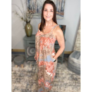 “In The Springtime” Maxi Dress Tie Dye French Terry V Neck Cami Tank Long Tube Pocket Summer Peach Blue