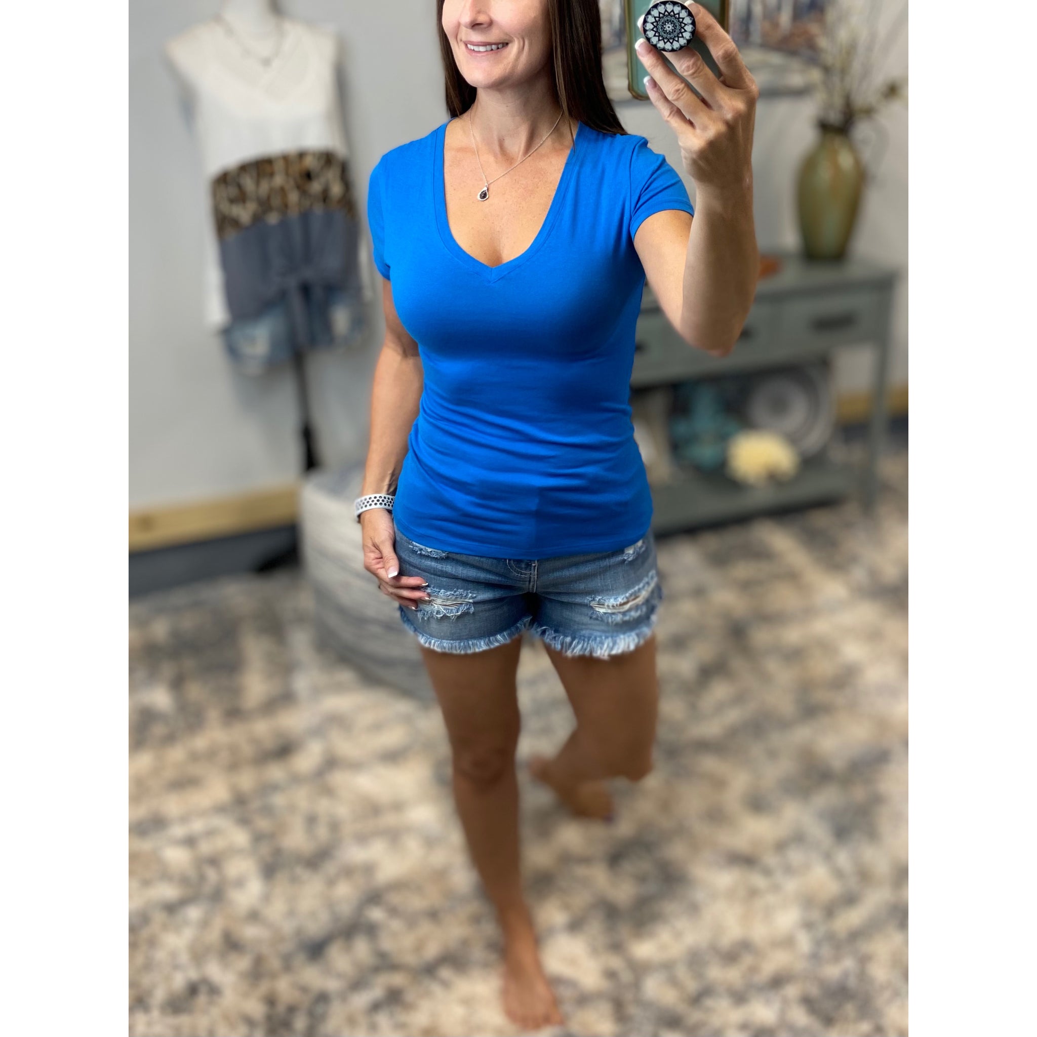 “Basic Babe” Low Cut V-Neck Cleavage Boyfriend Baby Slimming Basic Tee Shirt Blue S/M/L