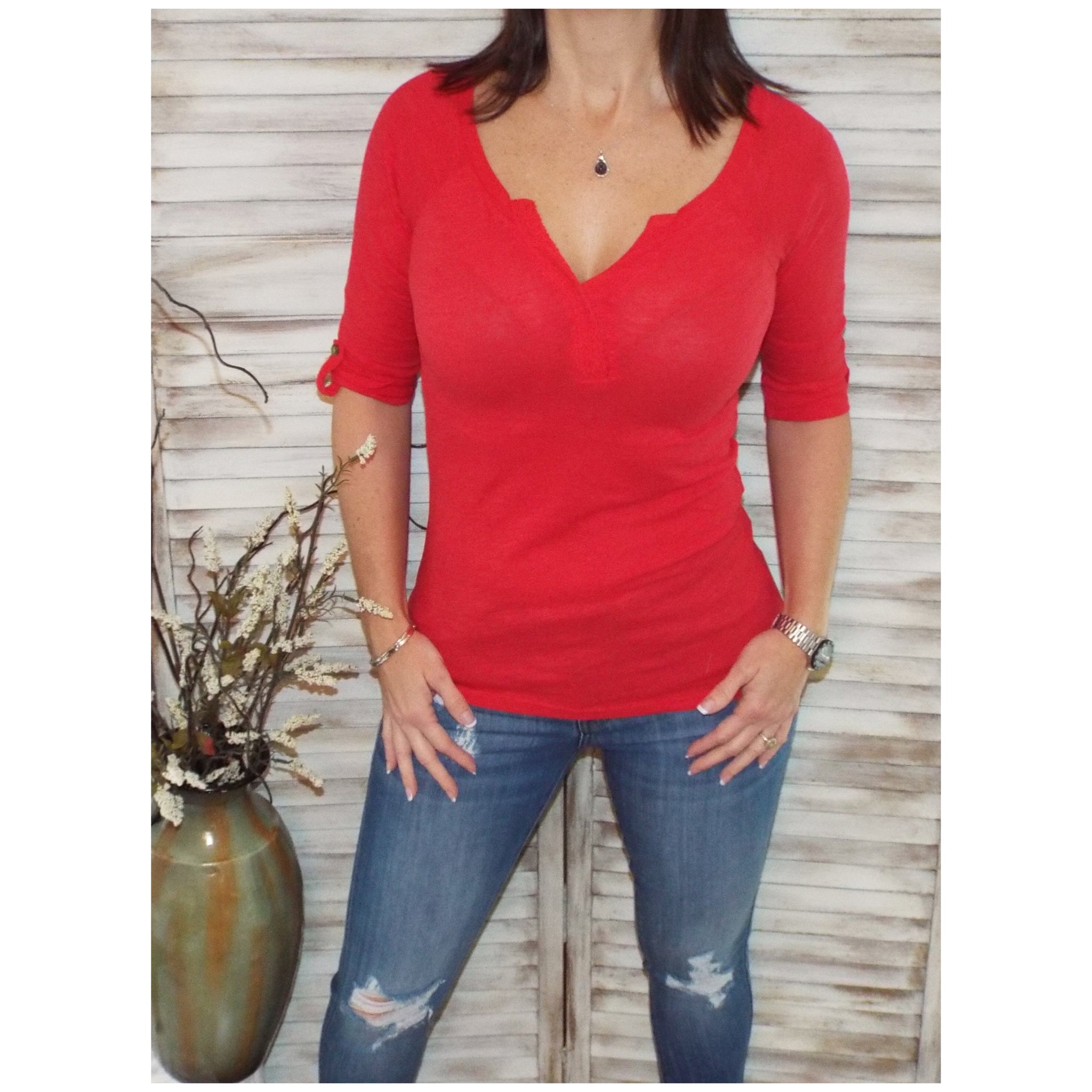 "Come Together" V-Neck Crochet Plunge Cleavage Military 3/4 Cuff Sleeve Top Red S/M/L