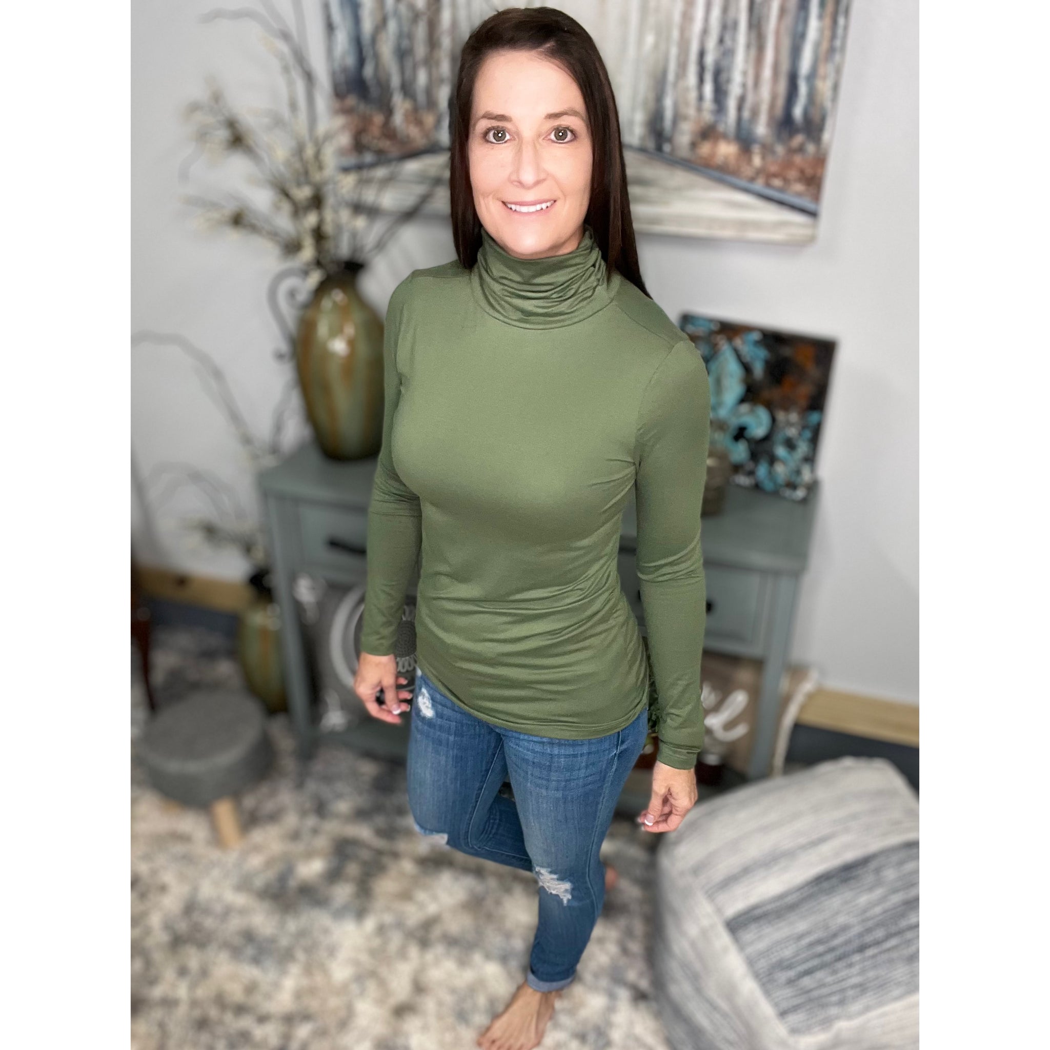 "Coming Out of My Shell" Mock Turtle High Ruched Neck Long Sleeve Soft Stretchy Olive Green
