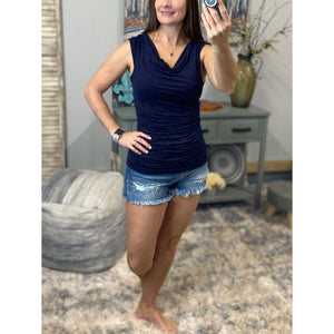 Drape Cowl Drape Neck Ruched Gathered Sides Sleeveless Top Navy S/M/L