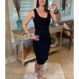 Scoop Neck Cleavage Bodycon Sleeveless Midi Summer Tank Dress Black