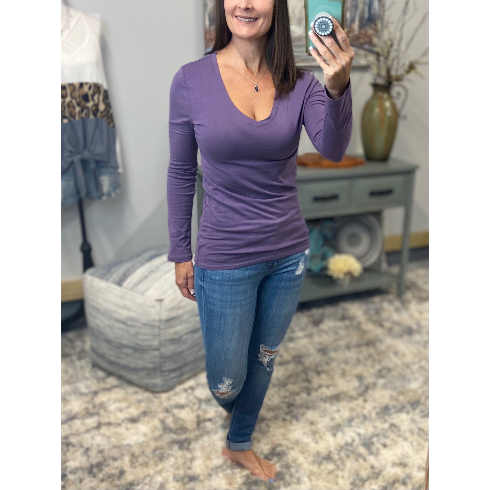 “Easygoing” Loose Slimming V Neck Low Cut Long Sleeve Tissue Basic Baby Shirt Top Lilac