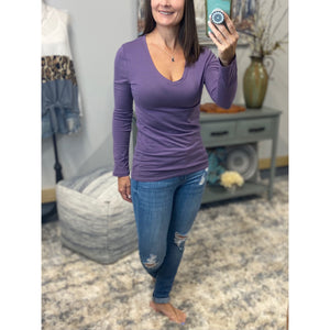 “Easygoing” Loose Slimming V Neck Low Cut Long Sleeve Tissue Basic Baby Shirt Top Lilac