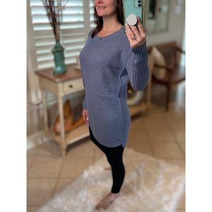 “Undone” Waffle Open Knit Hi-Low Rounded Hem Long Sleeve Round Neck Tunic Sweater Blue