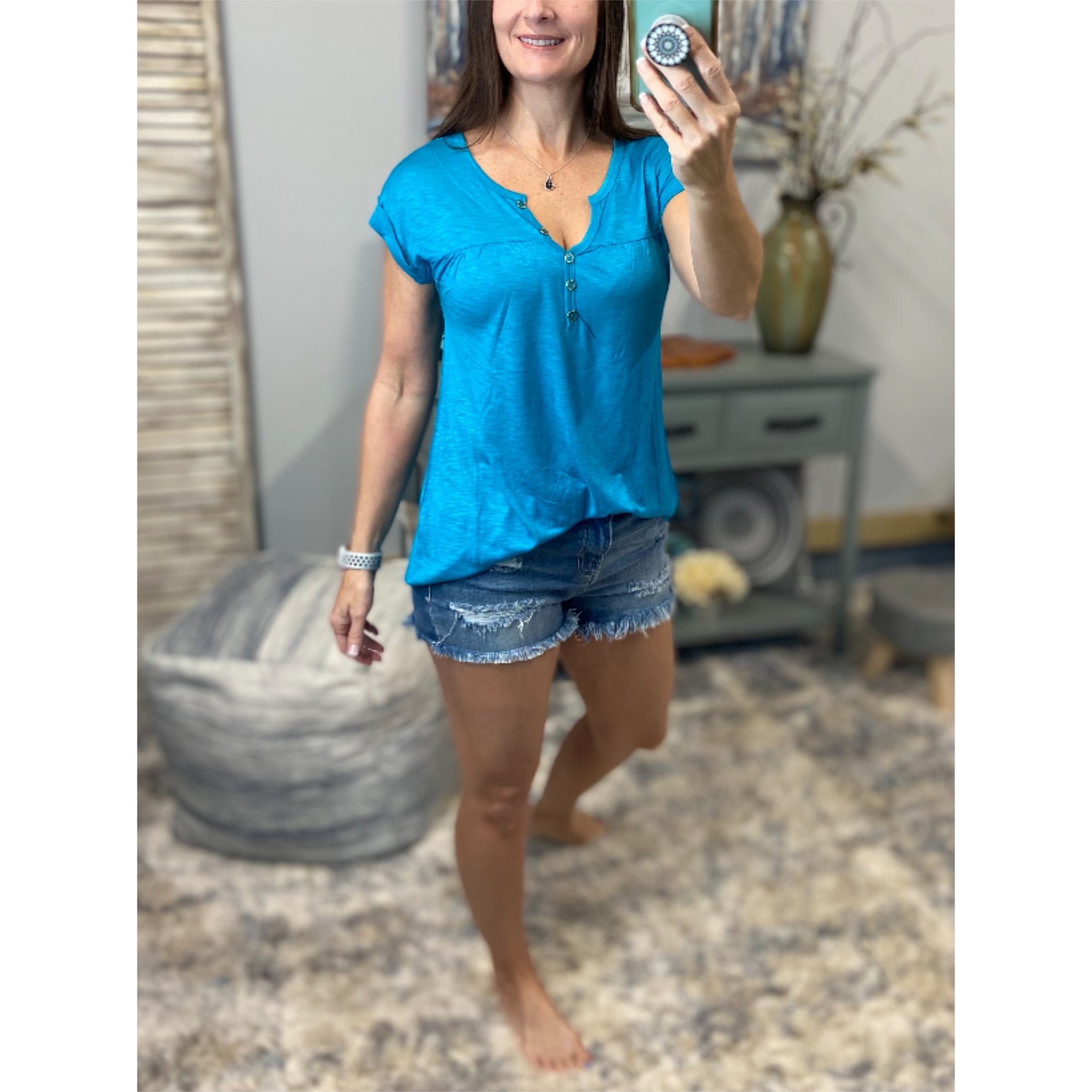 “Just Be You” Sheer Burnout Melange Tissue V-Neck Henley Tab Short Sleeve Shirt Tee Teal