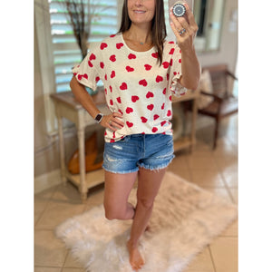 "Can't Buy Me Love" Heart Valentine Round Neck Short Ruffle Flutter Sleeve Top Red White