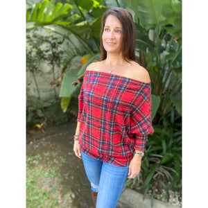 “Kick Up Your Heels” Plaid Off Shoulder Open Neck Dolman Long Sleeve Top Red S/M/L