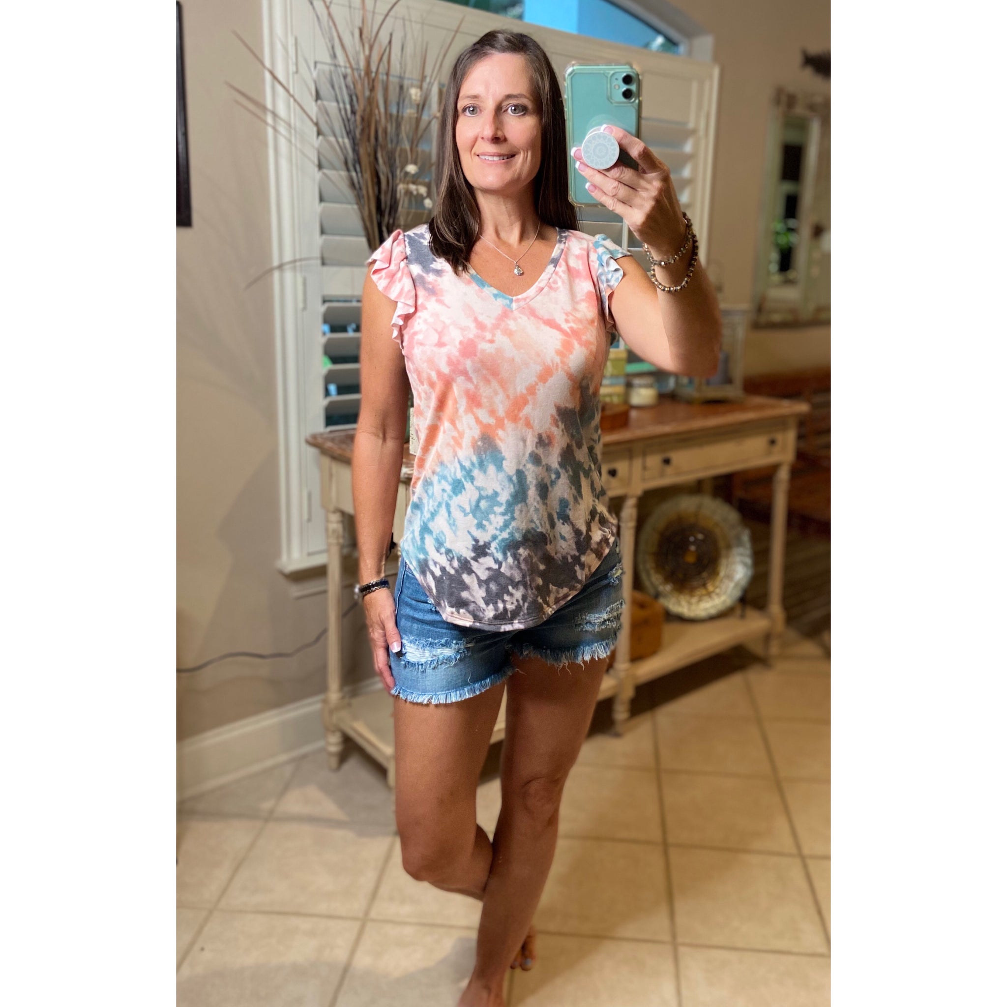 “Take Me Back” Tie Dye Short Flutter Sleeve Round Neck Bottom Top Coral Multi S/M/L/XL