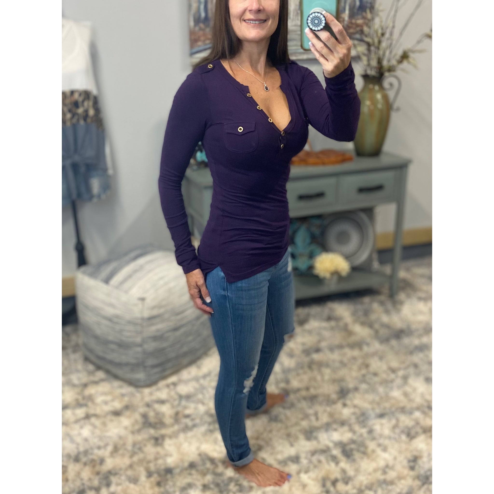 Long Sleeve Deep V Neck Plunge Cleavage Military Henley Pocket Top Purple