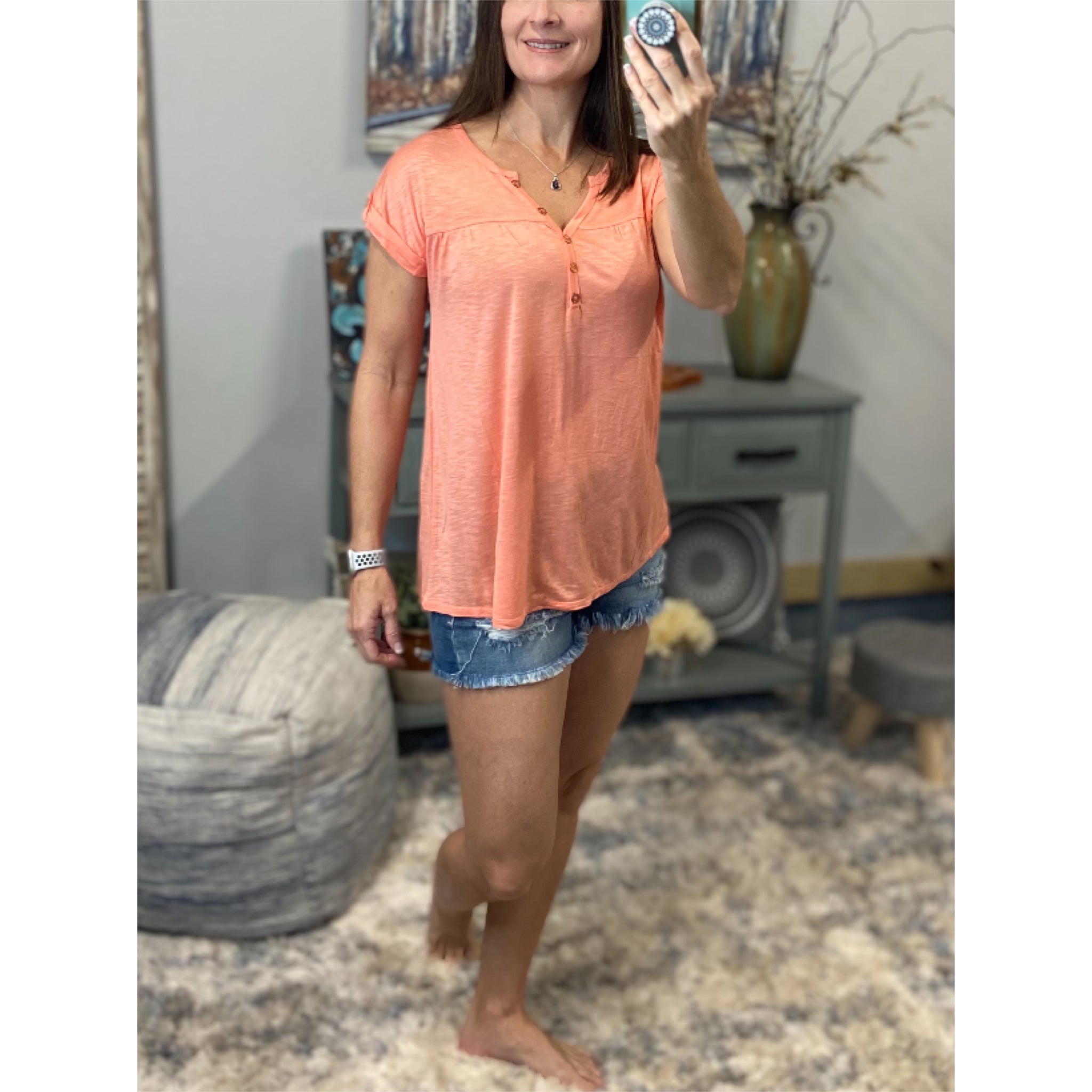 “Just Be You” Sheer Burnout Melange Tissue V-Neck Henley Tab Sleeve Shirt Floaty Tee Peach