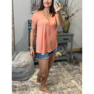 “Just Be You” Sheer Burnout Melange Tissue V-Neck Henley Tab Sleeve Shirt Floaty Tee Peach