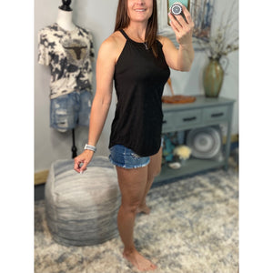 Tri Rocker Racerback Scoop Neck Floaty Trendy Tank Top Black S/M/L/XL