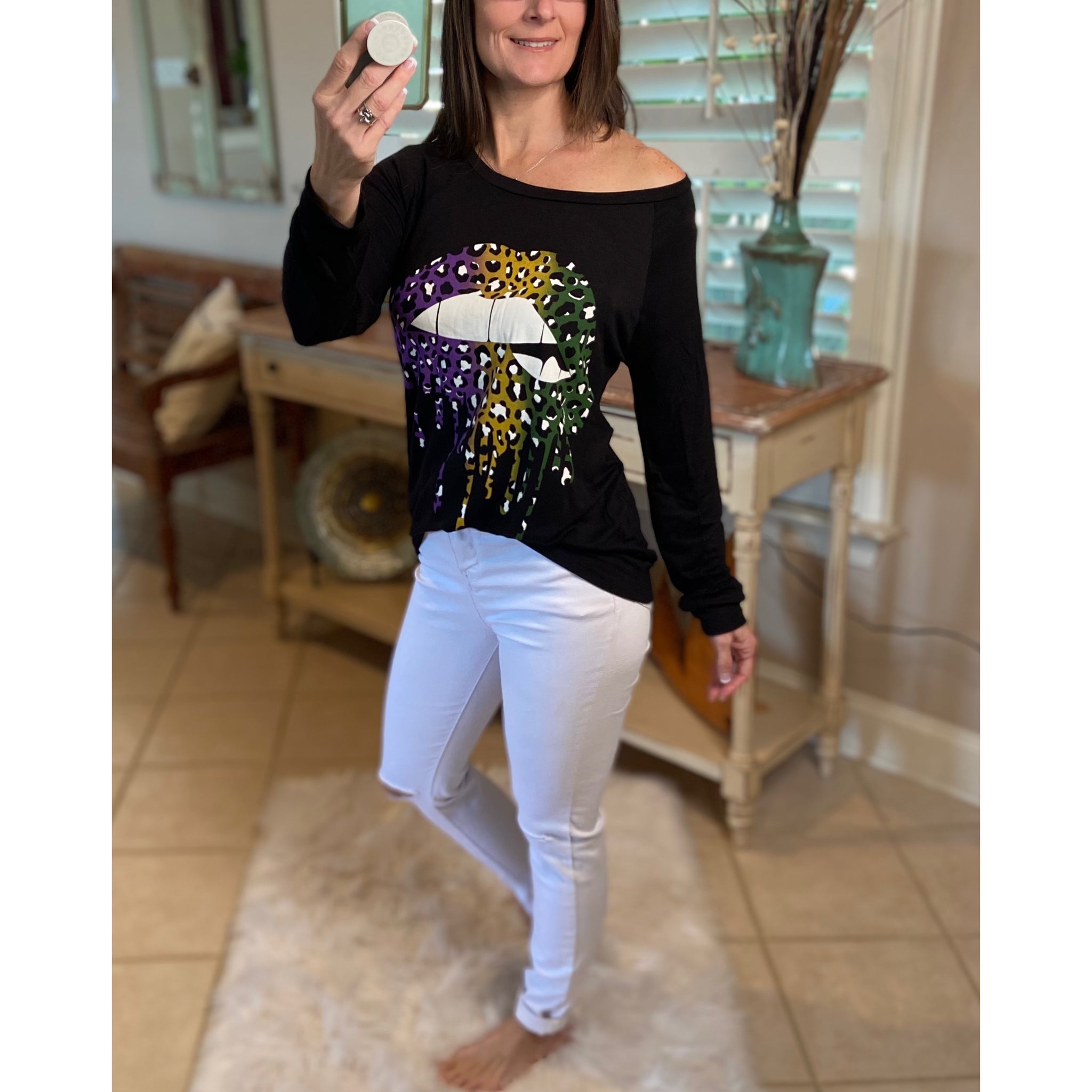 “Throw Me Something Mister” Mardi Gras Lips Wide Neck Off Shoulder Purple Green & Gold