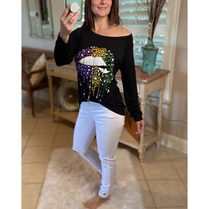 “Throw Me Something Mister” Mardi Gras Lips Wide Neck Off Shoulder Purple Green & Gold