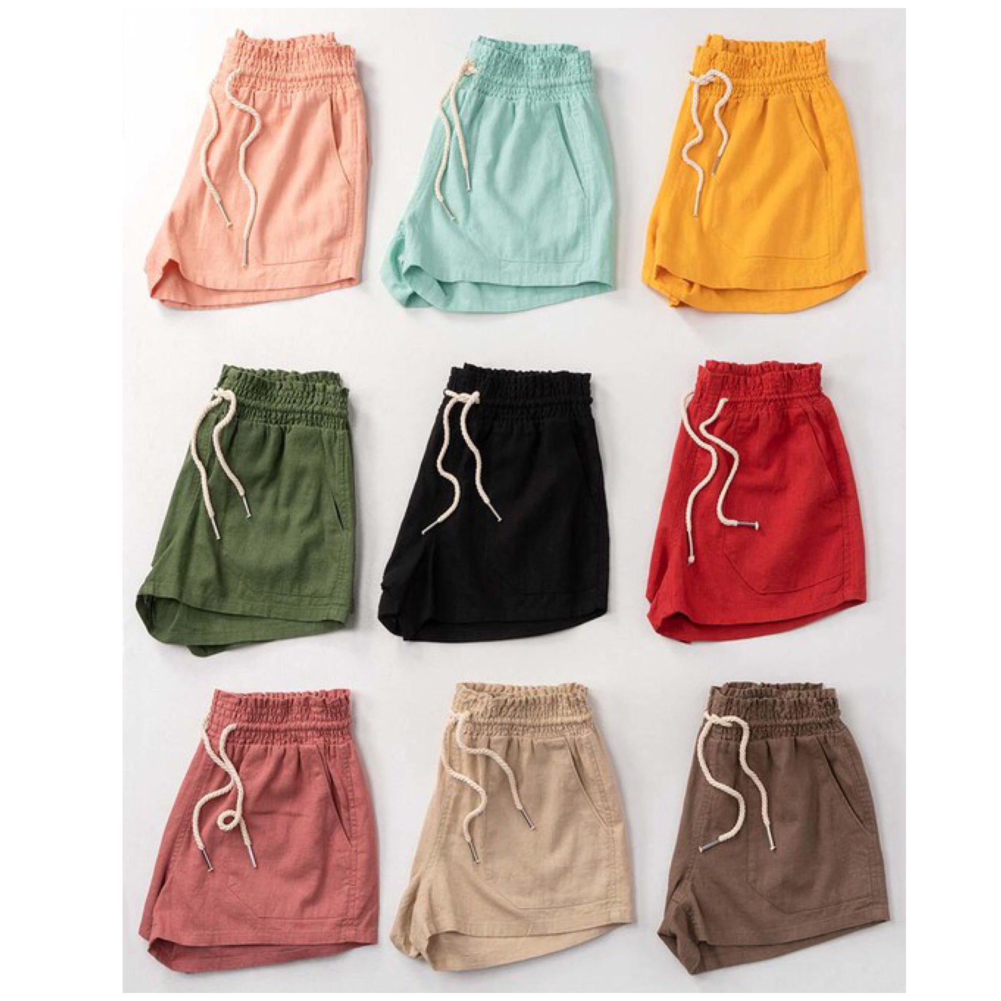 Basic Linen Pocket Drawstring Elastic Waist Dressy Shorts Bottoms Peach S/M/L