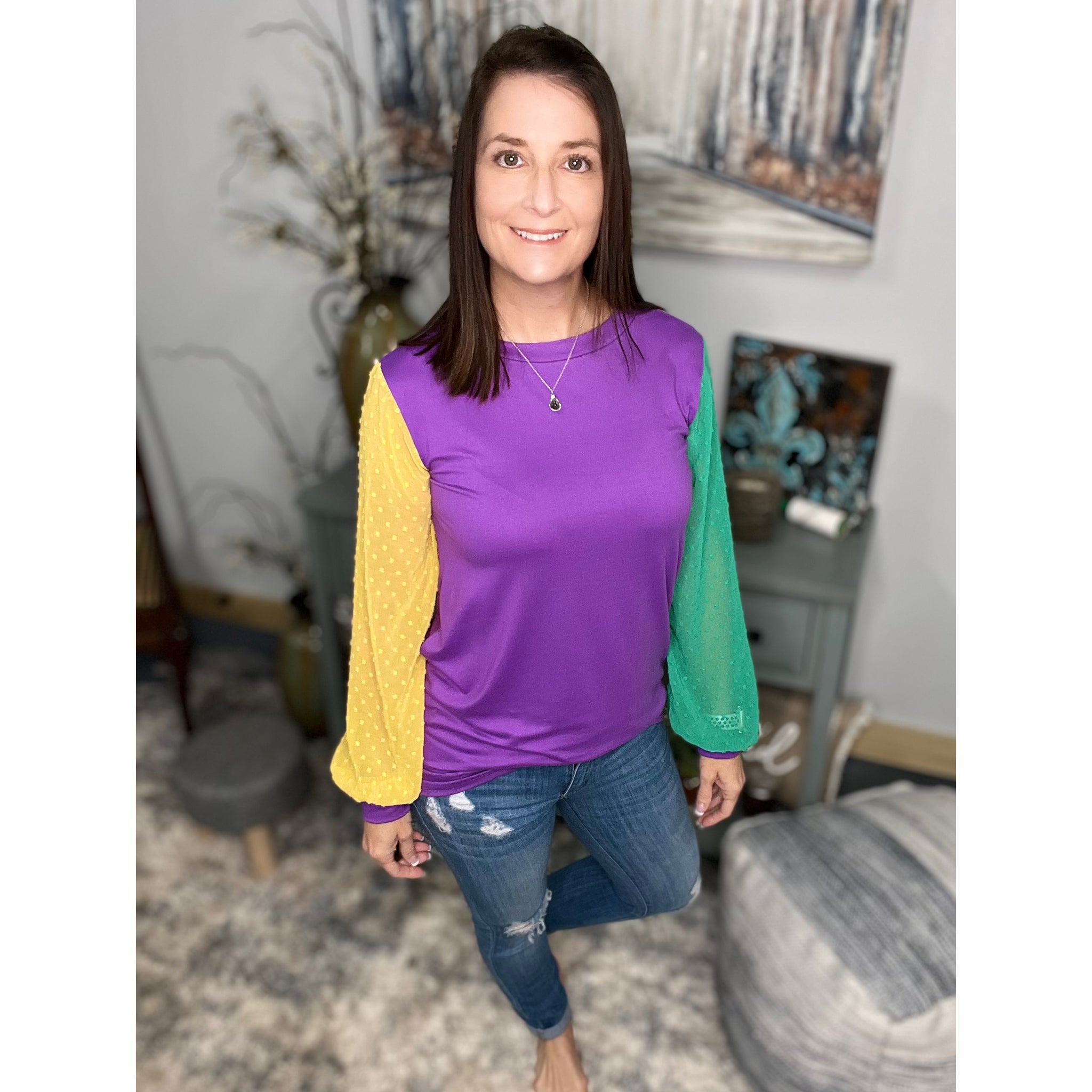 "They All Asked For You" Mardi Gras Color Block Swiss Dot Balloon Sleeves Round Neck Shirt Purple Green & Gold