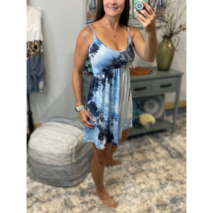 “Carefree Highway” Tie Dye Mini V-Neck Cami Tank Dress Adjustable Blue S/M/L