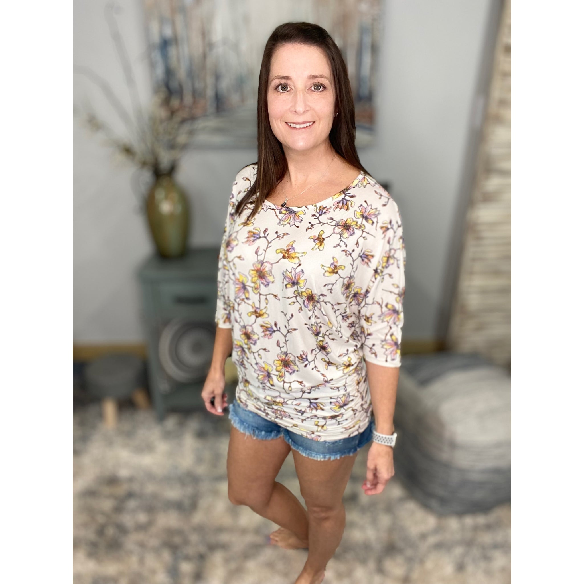 “Everybody Talks” Floral Dolman Tunic 3/4 Sleeve Ruching Detail Top Dress Cream S/M/L/XL