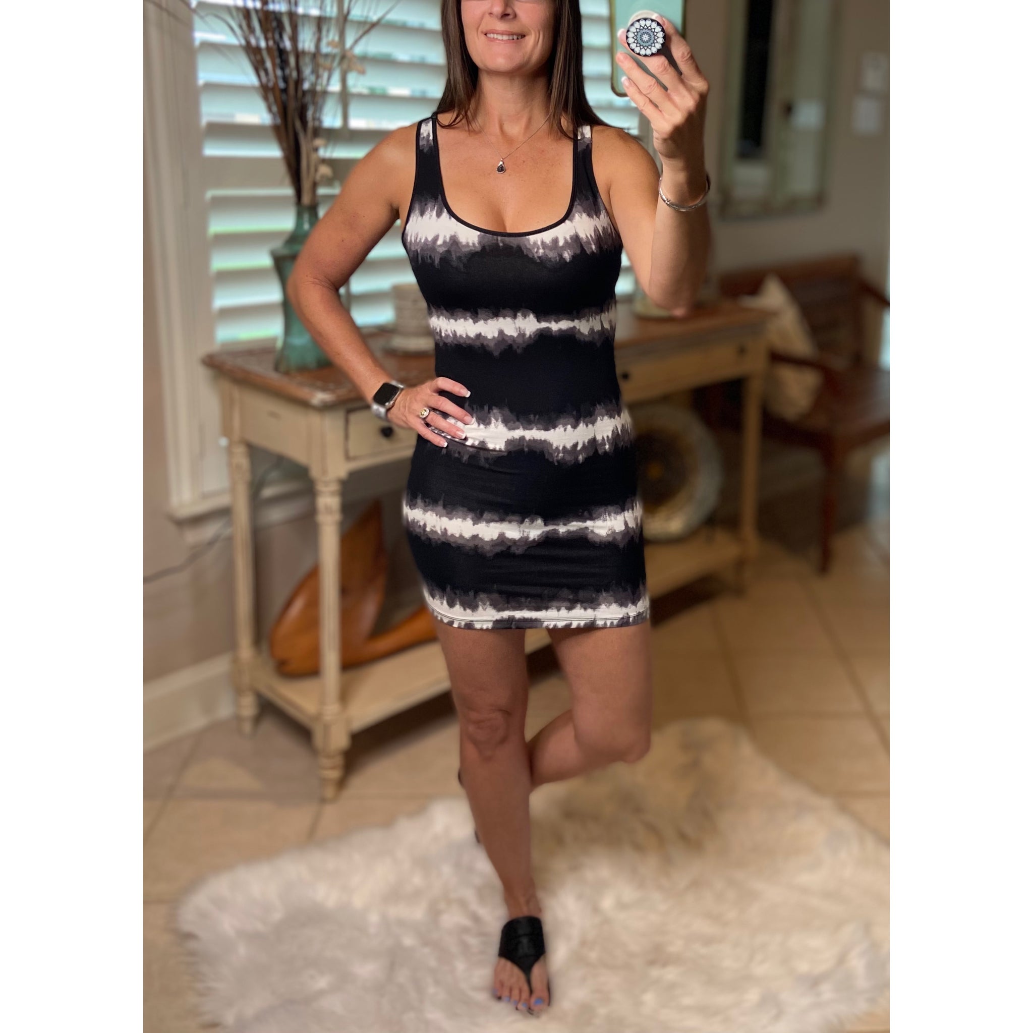 "Black Magic Woman" Striped Tie Dye Scoop Racerback Cleavage Bodycon Mini Summer Tank Dress Black S/M/L