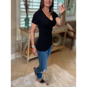 "Basic Babe" V-Neck Cleavage Baby Slimming Basic Tee Shirt Black 1X/2X/3X
