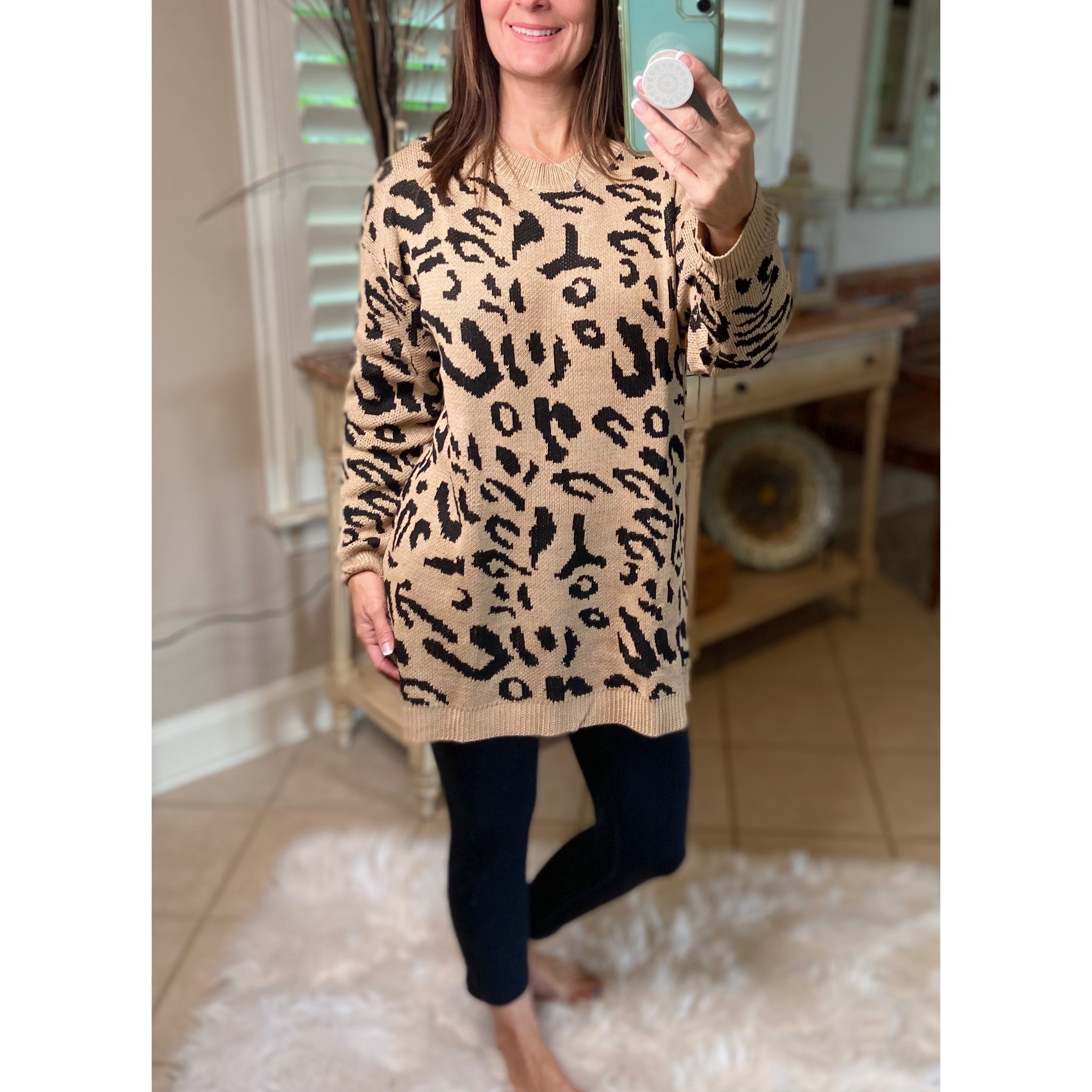 Oversized Leopard Bishop Sleeves Crew Neck Tunic Sweater Top Khaki Black