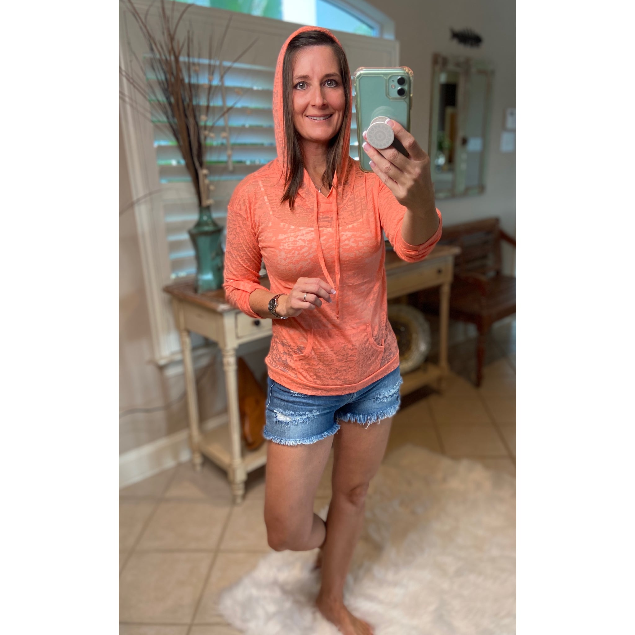 Sexy Sheer Burnout Drawstring Hoodie Tissue High Neck Top Shirt Peach